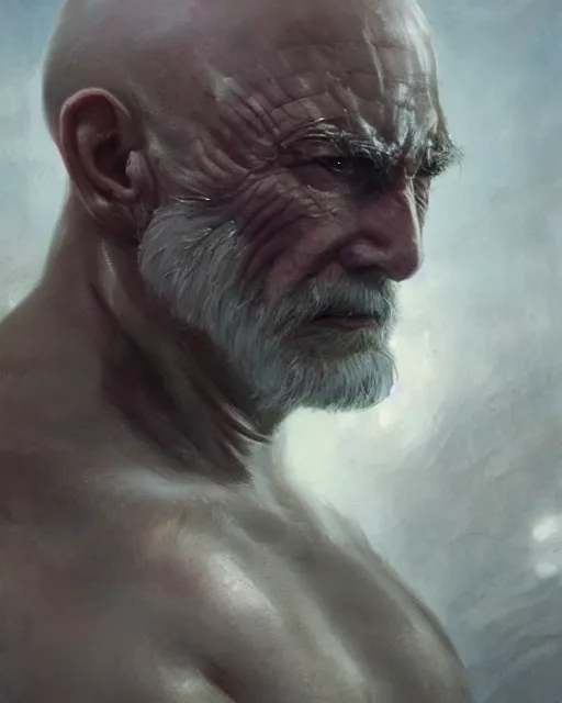 Image similar to old shaved man with a big scar on his blind left eye, elegant, hard edges, wrath, muscles, ethereal, science fiction, supervilain, fantasy art by greg rutkowski and magali villeneuve and claude monet