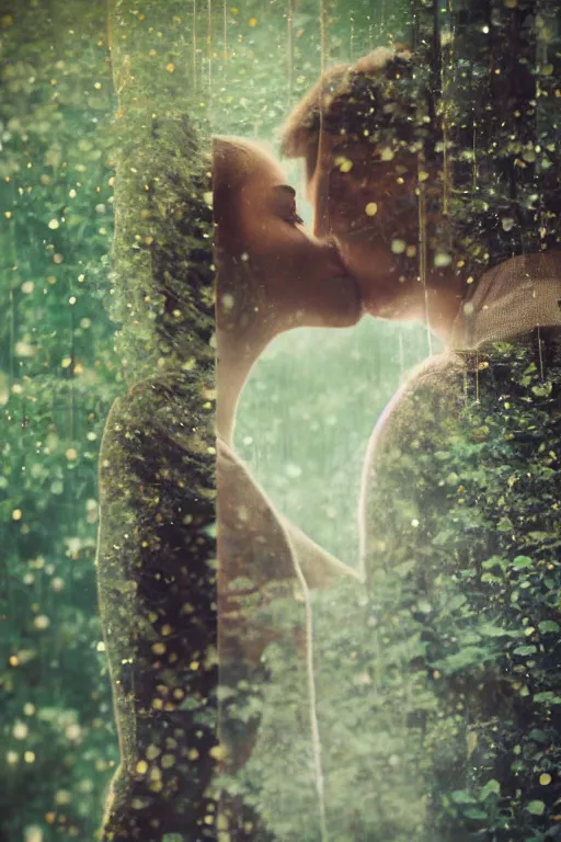 Image similar to film double exposure, a man and a woman kissing in front of trees, a stock photo by oleg oprisco, featured on unsplash, romanticism, movie still, uhd image, matte photo, multiple exposure photograph