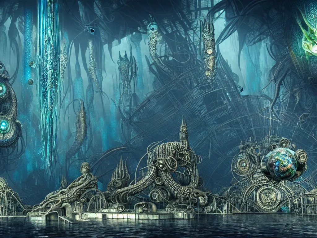 Image similar to highly detailed render of under water dark alien city with spirits floating, trending on deviantart, neo surrealism, sharp focus, a lot of little details, lens flare, epic render, magical composition, deep color scheme, ornate, intricate, octane, masterpiece, art by ernst haeckel and android jones and alex grey