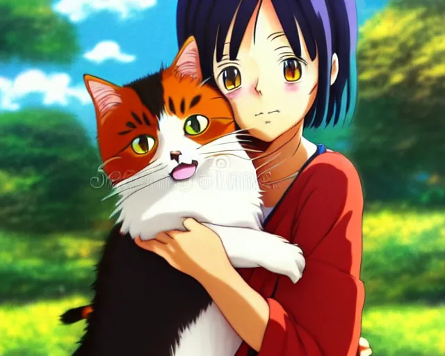 Image similar to anime fine details portrait of joyful girl hugging cat in school, bokeh. anime masterpiece by Studio Ghibli. 8k render, sharp high quality anime illustration in style of Ghibli, artstation