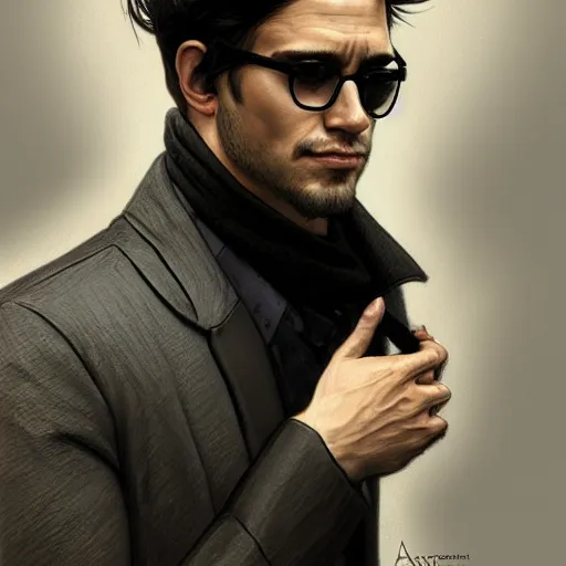 Prompt: ultra realistic illustration, man in a jacket with rectangular dark glasses, with black hair, intricate, elegant, highly detailed, digital painting, artstation, concept art, smooth, sharp focus, illustration, art by artgerm and greg rutkowski and alphonse mucha
