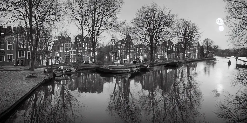 Image similar to Dutch houses along a river, silhouette!!!, Circular white full moon, black sky with stars, lit windows, stars in the sky, b&w!, Reflections on the river, a man is punting, flat!!, Front profile!!!!, high contrast, HDR, concept art, street lanterns, 1904, Style of Frank Weston, illustration