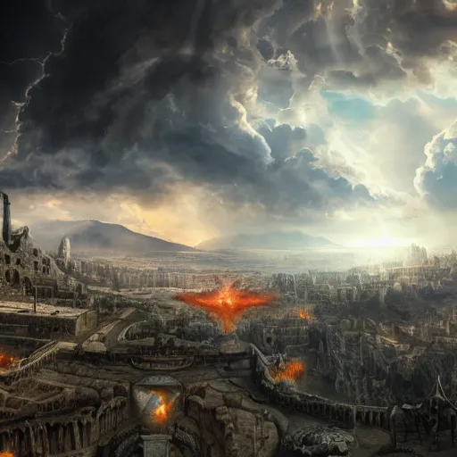 Prompt: an epic matte painting of heaven versus hell, master shot, biblical figures, mysticism, greek gods, shiva, massive, cinematic lighting, soft render, symmetrical, clouds, darkness, 8 k, ultra high quality