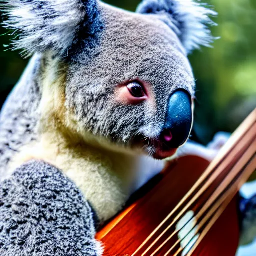 Image similar to a koala playinga guitar, modelsociety, radiant skin, huge anime eyes, rtx on, perfect face, directed gaze, sony a 7 r iv, symmetric balance, polarizing filter, photolab, lightroom, 4 k, dolby vision, photography award