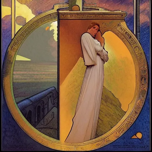 Image similar to the angelus by jean francois millet, division bell album cover, art by alfons mucha - ralph mcquarrie - francois schuiten