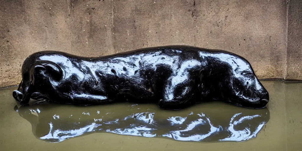 Prompt: the smooth black jaguar, made of smooth black goo, bathing in tar in the zoo exhibit, viscous, sticky, full of tar, covered with black goo. photography, dslr, reflections, black goo, zoo, exhibit