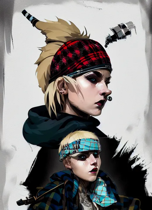 Prompt: highly detailed closeup portrait of a sewer punk female thief, tartan cloak, blonde hair with headband by atey ghailan, by greg rutkowski, by greg tocchini, by james gilleard, by joe fenton, by kaethe butcher, gradient, blue, black, brown and cream color scheme, grunge aesthetic!!! white graffiti tag wall background