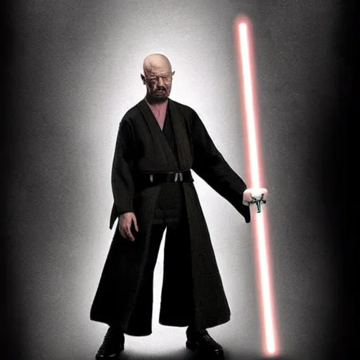 Image similar to realistic photo of walter white as a jedi from star wars, using jedi clothes and with a lightsaber