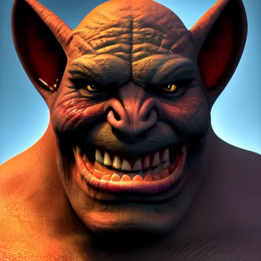 Image similar to An orc smiling into the camera, head-to-shoulder, leering, ugly, artstation, realistic, highly detailed, bokeh, by Alex Flores, by Laurel D Austin, by Dave Rapoza