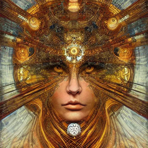 Prompt: Divine Chaos Engine portrait by Karol Bak, Jean Deville, Gustav Klimt, and Vincent Van Gogh, celestial, visionary, sacred, fractal structures, ornate realistic gilded medieval icon, spirals, mystical