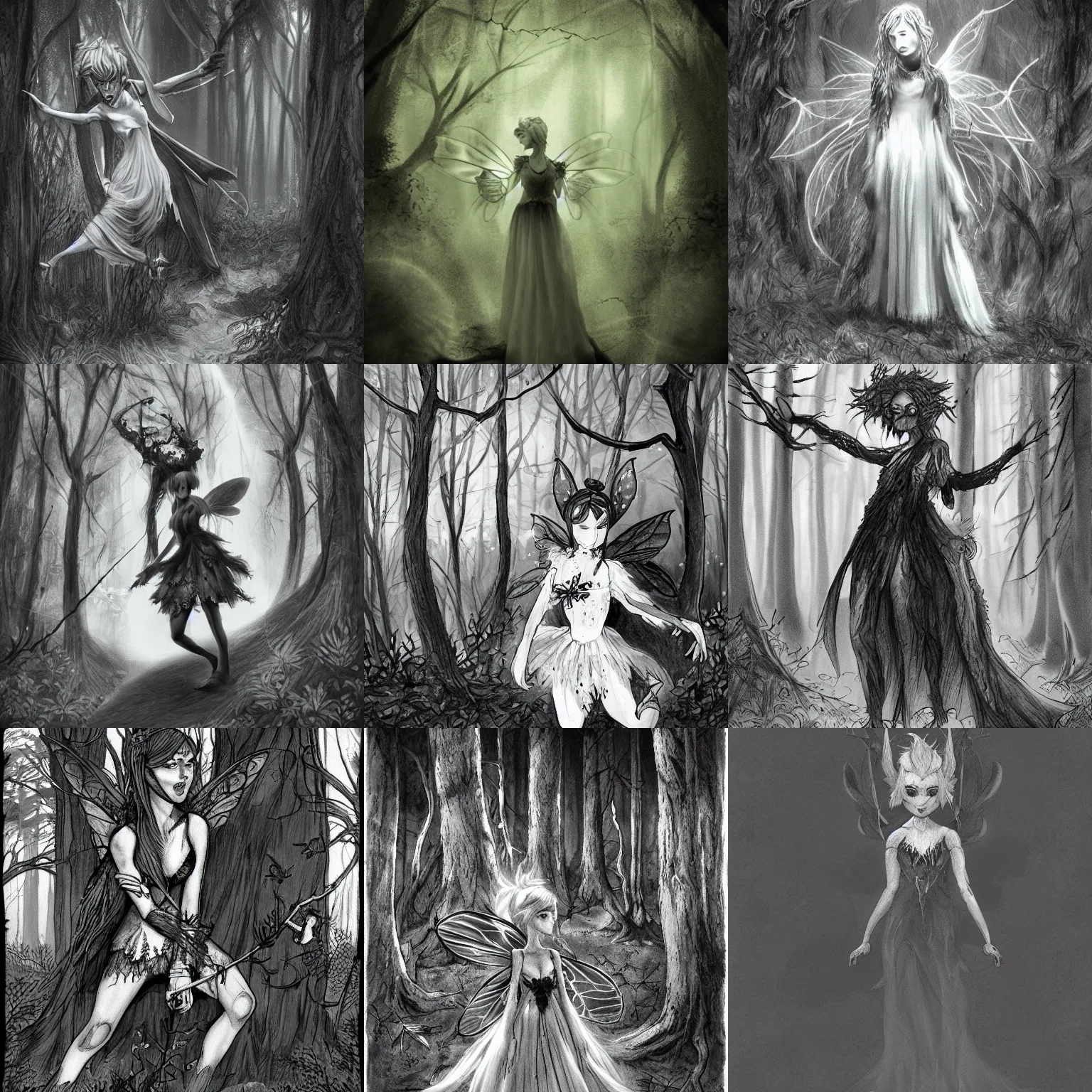 Prompt: creepy fairy in a dark forest, d & d character design, grainy film black and white by maxim verehin
