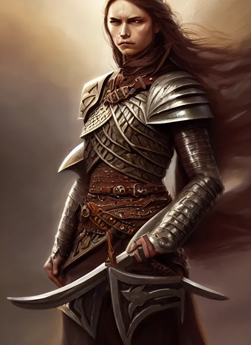 Image similar to Portrait of a female warrior, D&D fantasy, she has brown, mid-length hair, she has a serious expression, and is wearing armor and a cape. Intricate, highly detailed, digital painting, artstation, concept art, sharp focus, illustration, art by greg rutkowski and Ross Tran