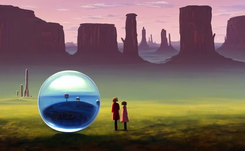 Image similar to a scary hyperrealist painting of a rocketship in a giant transparent forcefield crystal ball from howl's moving castle ( 2 0 0 4 ) in a flooded monument valley stonehenge jungle. depth perception, 4 k, artstation, in the style of studio ghibli