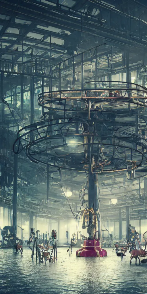 Prompt: a wideangle colorchrome shot of robot children in a detailed merry-go-round inside a old industrial flooded car factory, beautiful cinematic atmospheric lightning, octane 8k render