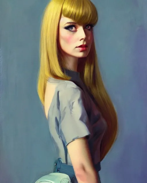 Image similar to portrait 1 9 6 0 s elegant blonde beautiful mod girl, long straight 6 0 s hair with bangs, in a miniskirt, glam, groovy, by brom, tom bagshaw, sargent