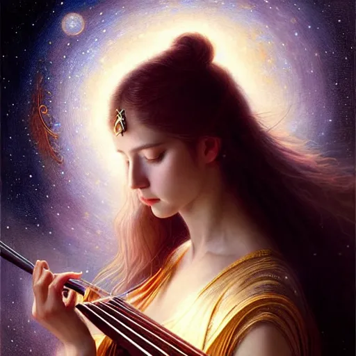 Image similar to a high quality life like portrait of a very very beautiful! celestial goddess of life playing a mystical geared violin and springing life into the universe, highly detailed, intricate, sharp focus, fantasy, mystical, dreamlike, by WLOP and greg rutkowski