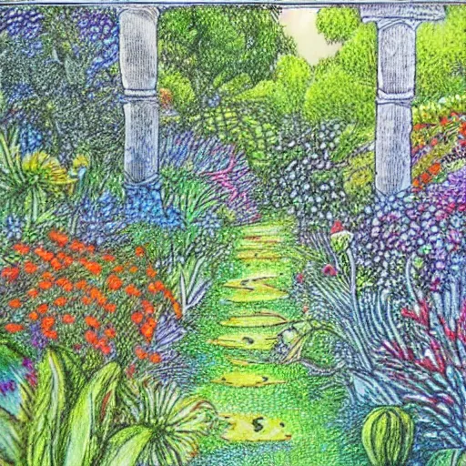 Image similar to Beautiful lush garden. Etching and engraving with colored pencil.