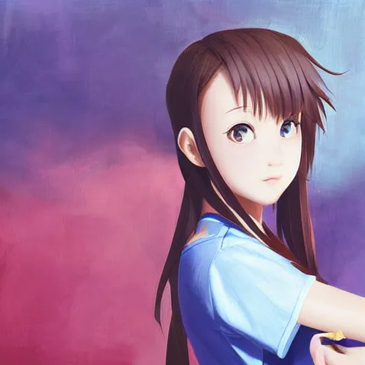 Image similar to a high detail portrait of high school girl by makoto sinkai, kawaii, in simple background, CLIP STADIO, mad painting