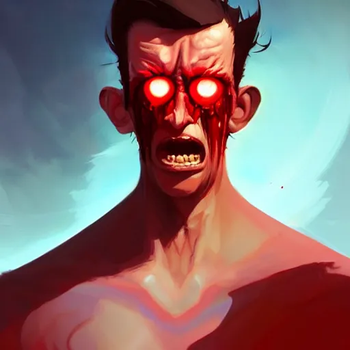 Prompt: man filled with rage, blood dripping from glowing red eyes, angry, blood spray, behance hd artstation, style of jesper ejsing, by rhads, makoto shinkai and lois van baarle, ilya kuvshinov, ossdraws