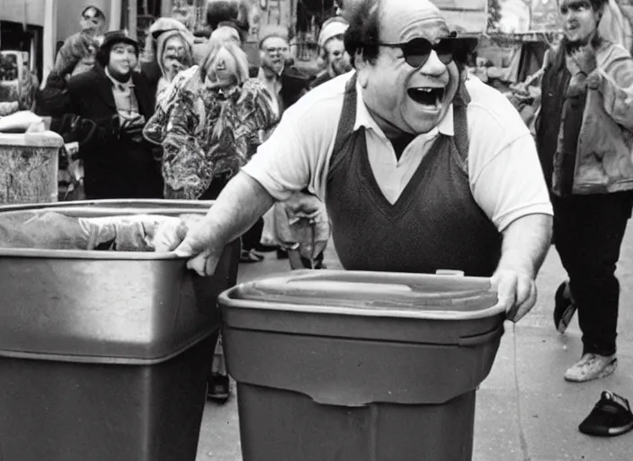 Prompt: Danny DeVito coming out of a trashcan