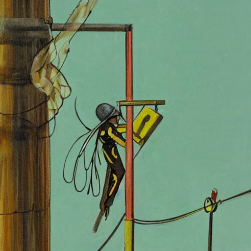 Prompt: A lineman working on a utility pole. a wasp nest, bee hive attached to the pole. painting, commercial illustration, 1960s,