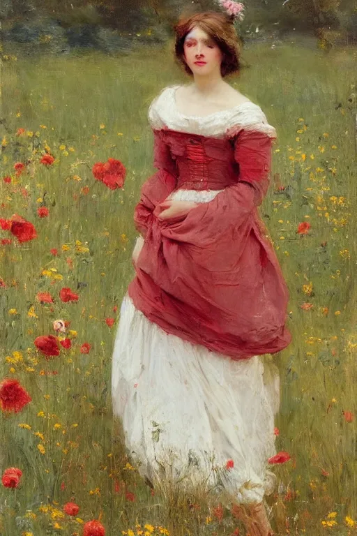 Prompt: Solomon Joseph Solomon and Richard Schmid and Jeremy Lipking victorian genre painting portrait painting of an elegant slim young cottagecore girl in an open field of flowers, red background