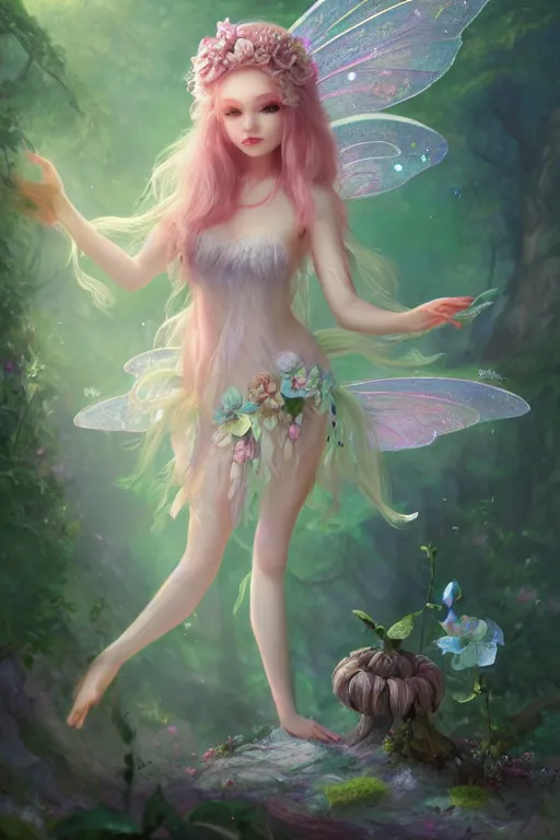 Image similar to a cute and geogerous fairy in the dreamy forest, fantasy, dreamlike, 8 k resolution, hyper detailed, d & d, character design, digital painting, trending on artstation, sharp focus, illustration, art by viktoria gavrilenko, hoang lap, fuji choko, steve zheng,