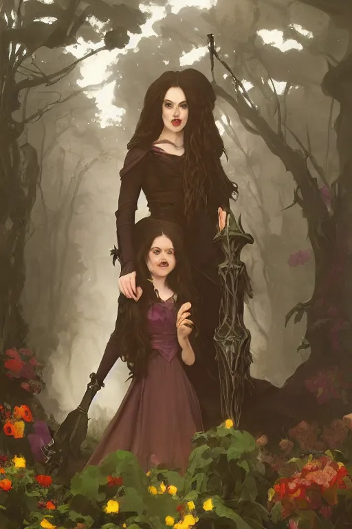 Image similar to hagrid the viking and gothic medieval morticia addams walking in enchanted forest with flowers, greg manchess painting by sargent and leyendecker, fantasy medium shot asymmetrical intricate elegant matte painting illustration hearthstone, by greg rutkowski by greg tocchini by james gilleard