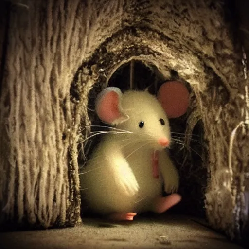 Prompt: real fluffal mouse inside creepy scary nightmare atmosphere, realsitic