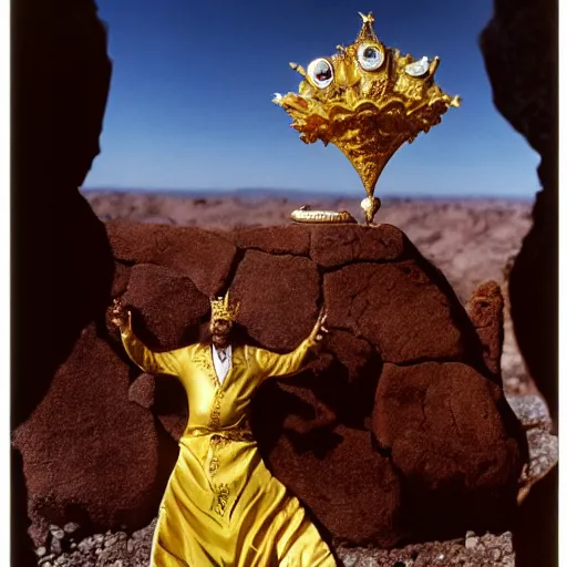 Prompt: salvador dali wearing a golden costume with jewels and golden crown, in a dry rocky desert landscape, visible sky and sunny atmosphere, fata morgana film still from the movie by alejandro jodorowsky with cinematogrophy of christopher doyle and art direction by hans giger, anamorphic lens, kodakchrome, very detailed photo, 8 k