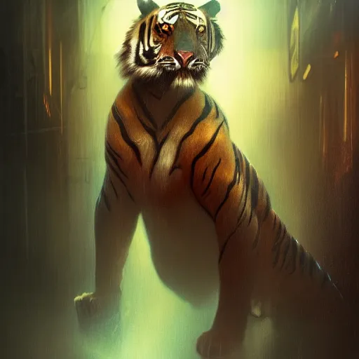 Image similar to hyperrealistic portrait of an athropomorphic tiger wearing military clothes, bladerunner street, art of elysium by jeremy mann and alphonse mucha, fantasy art, photo realistic, dynamic lighting, artstation, poster, volumetric lighting, very detailed face, 4 k, award winning, cinematic lighting, deviantart, artstation, cg society