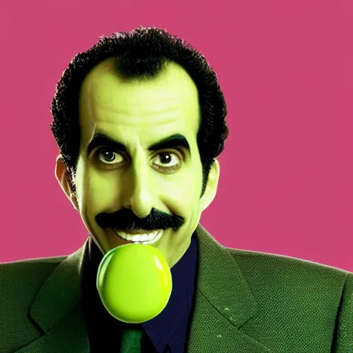 Prompt: photo of borat as the green m & m