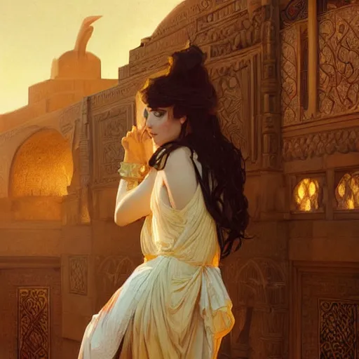 Prompt: A seductive twenty year old Mesopotamian witch in training, in a major Mesopotamian city, highly detailed, digital painting, artstation, concept art, sharp focus, illustration, cinematic lighting, art by artgerm and greg rutkowski and alphonse mucha