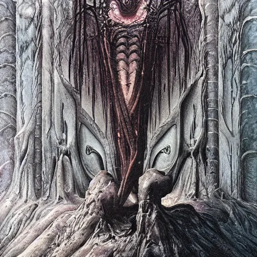 Prompt: the discovery of fire by Wayne Barlowe and H R Giger