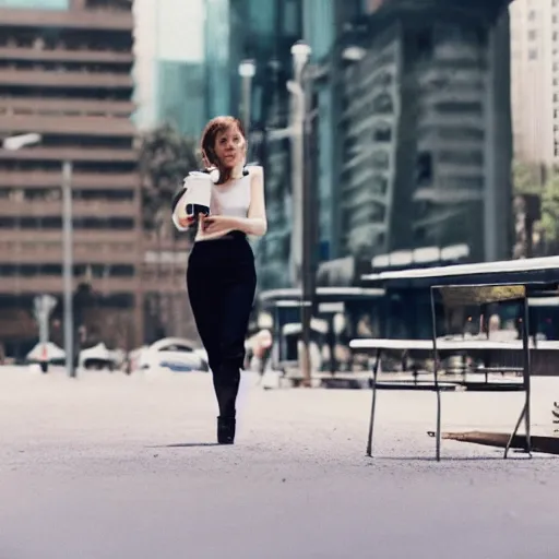 Prompt: film still of a woman drinking coffe, walking to work, long shot, wide shot, full shot