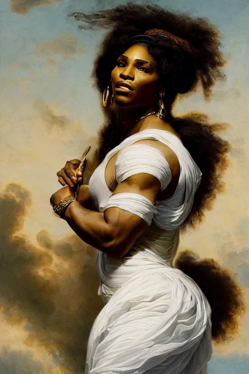 Image similar to Portrait of Serena Williams as Nike Goddess, large wings, luxuriant, dreamy, eternity, romantic, strong pose, highly detailed, in the style of Franz Xaver Winterhalter, highly detailed, in the style of Aetherpunk