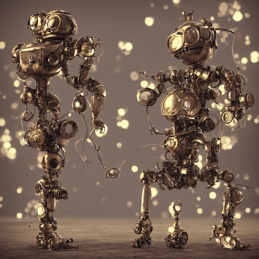 Image similar to steampunk style sweeping robot, photorealistic, 3 d rendering, cute, unreal engine, bokeh