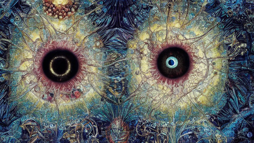 Prompt: a beautiful dreamy painting of a coronavirus inside a glowing television screen, evil eye, dark, sinister, detailed, high contrast, art by Ernst Haeckel and Greg Rutkowski