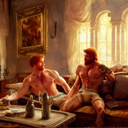 Image similar to attractive muscular mike with ginger hair with attractive tyler with brunet hair, drinking their hearts out, in their noble mansion. image defined to the maximum, highly detailed painting by gaston bussiere, craig mullins 8 k