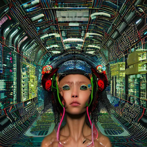 Prompt: deeper into the metaverse we go, piles of modular synth cables, kawaii puerto rican goddess swimming up wearing a headpiece made of circuit boards, by cameron gray, wlop, stanley kubrick, masamune, hideki anno, jamie hewlett, unique perspective, trending on artstation, 3 d render, vivid
