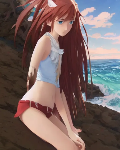 Prompt: an attractive young female elf with long flowing auburn hair, standing on the beach on the ground front facing, looking at camera, blue water, anime. By Makoto Shinkai, Stanley Artgerm Lau, WLOP, Rossdraws, James Jean, Andrei Riabovitchev, Marc Simonetti, krenz cushart, Sakimichan, trending on ArtStation, digital art.