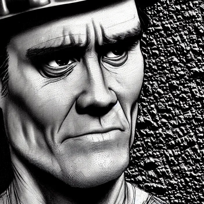 Prompt: extreme close - up on jim carrey as a miner : background : black tiles on walls. black and white, pencil and ink. by gabriel hardman, joe alves, chris bonura. cinematic atmosphere, detailed and intricate, perfect anatomy