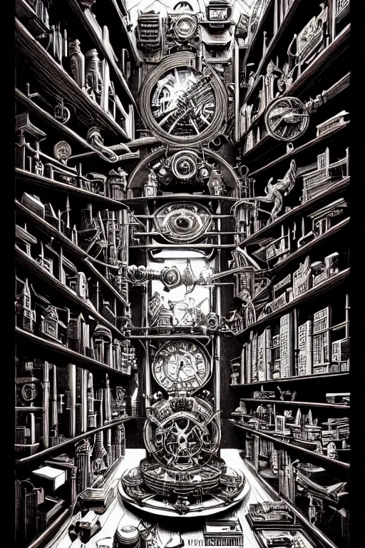 Image similar to a majestic steampunk alchemists bookshelf, two point perspective, furniture, high details, bold line art, by vincent di fate and joe fenton, inking, etching, screen print, masterpiece, trending on artstation, sharp, high contrast, hyper - detailed,, hd, 4 k, 8 k