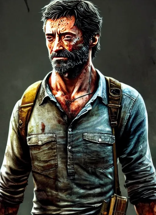 Image similar to hugh jackman as joel from the last of us, character concept art, hyperrealistic, detailed, accurate illustration, dramatic lighting