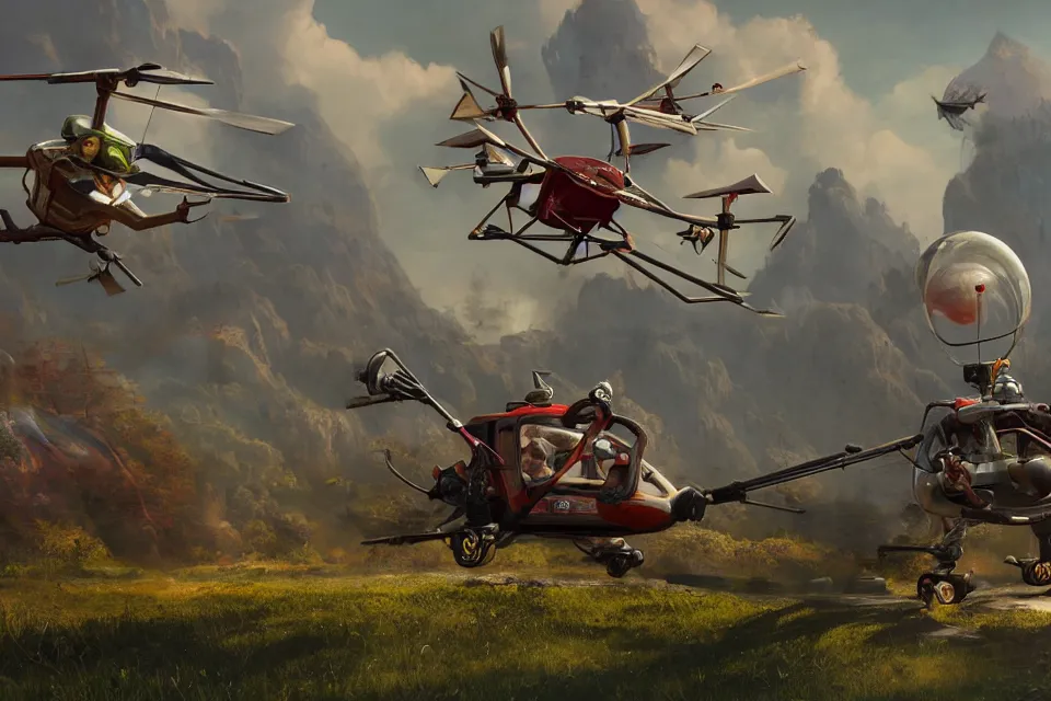 Image similar to pudge hooking gyrocopter with chen helping in background, unreal 5, high detailed, fantasy matte painting, super wide angle