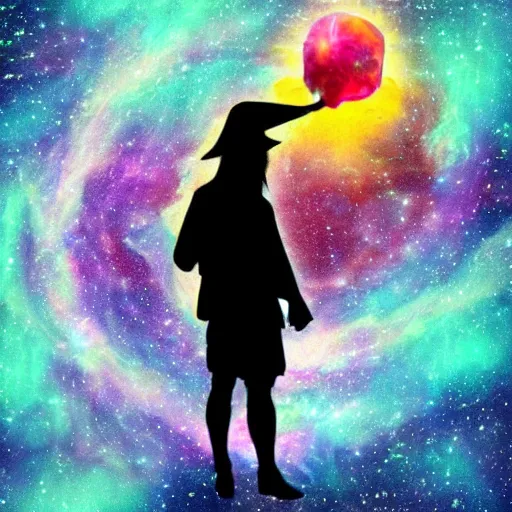 Prompt: Wizard floating through a nebula pondering their orb, highly detailed, featured