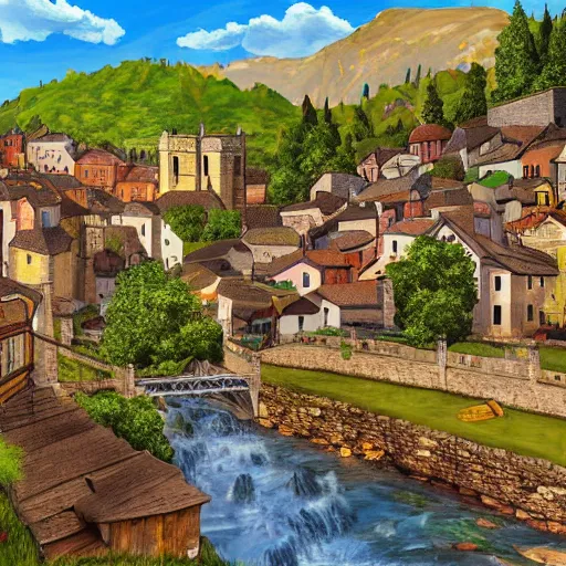 Image similar to digital painting of a picturesque small medieval town on a sunny day with stone buildings nestled at the foot of a tall mountain by a river with a bridge crossing into a dark forest.