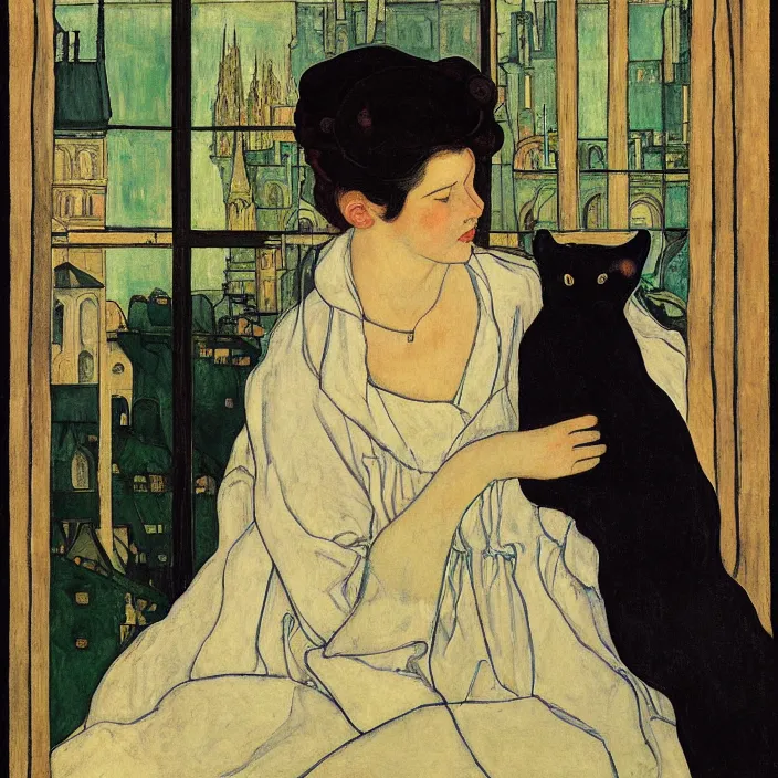 Image similar to close portrait of woman in night gown with cat and aloe vera, with city with gothic cathedral seen from a window frame with curtains. sun through the clouds. georges de la tour, egon schiele, henri de toulouse - lautrec, utamaro, monet