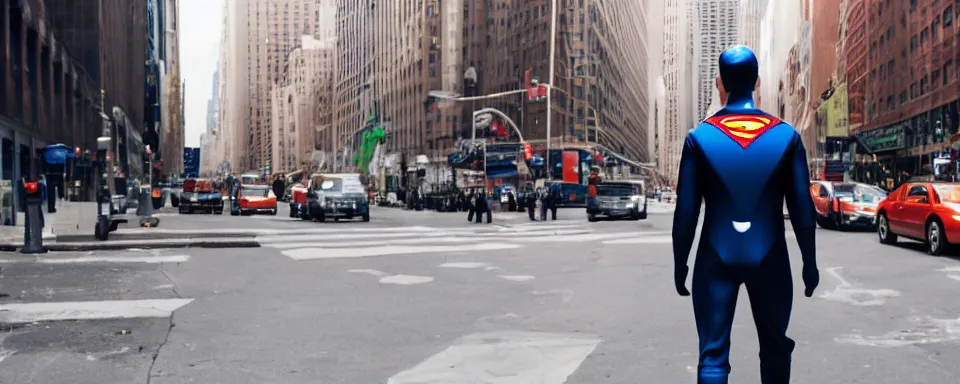 Prompt: nikola tesla in superman costume, walking in new york, hd, realistic, shallow depth of field, daytime, cinematic