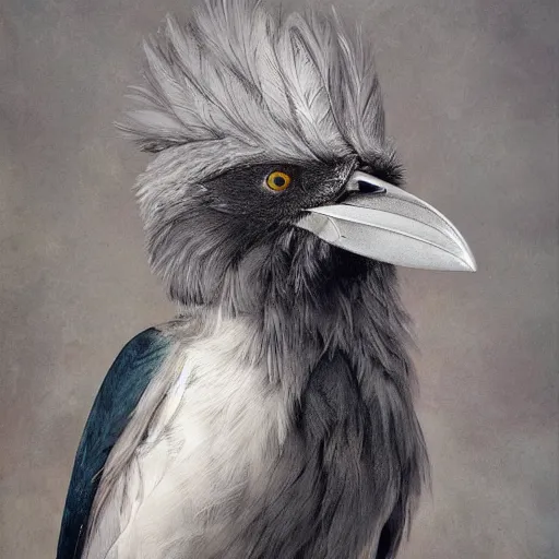 Image similar to a silver feathered crow holding a fine paintbrush in it's beak, by leesha hannigan, ross tran, thierry doizon, kai carpenter, ignacio fernandez rios